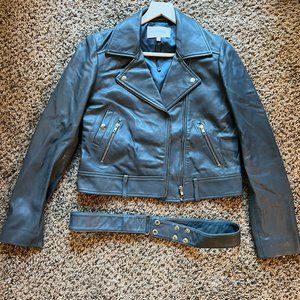 Blue Leather Biker Jacket - Size M